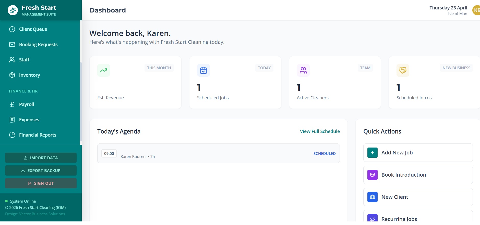 Fresh Start Cleaning — management portal